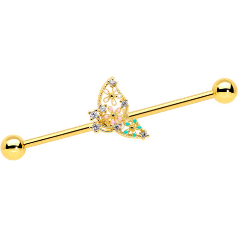 14G Clear CZ Gem Gold Tone Abstract Industrial Barbell 38mm