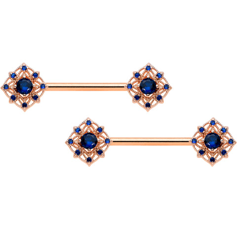 14G 9/16 Blue Gem Rose Gold Tone Wicked Web Nipple Ring Set