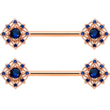 14G 9/16 Blue Gem Rose Gold Tone Wicked Web Nipple Ring Set