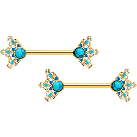 14G 9/16 Blue Turquoise Gold Tone Opulent Bloom Nipple Ring Set