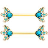 14G 9/16 Blue Turquoise Gold Tone Opulent Bloom Nipple Ring Set