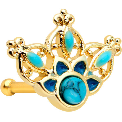 20G 1/4 Turquoise Gold Tone Opulent Flower Nose Bone
