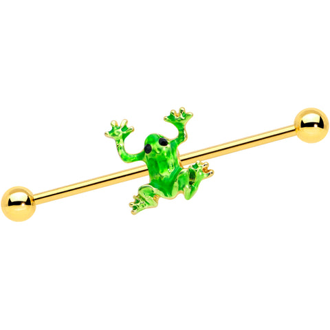 14G Gold Tone Green Tree Frog Industrial Barbell 38mm