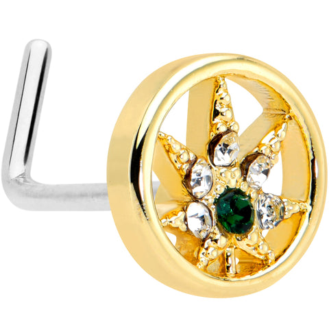 20G 1/4 Green Gem Gold Tone Pot Leaf Circle L Shape Nose Ring