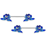 14G 9/16 Lovely Blue Lotus Flowers Barbell Nipple Ring Set