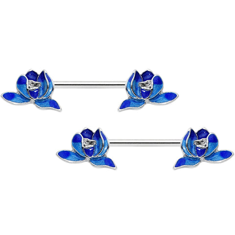 14G 9/16 Lovely Blue Lotus Flowers Barbell Nipple Ring Set