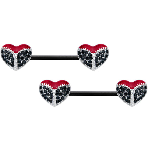 14G 9/16 Black CZ Gem Black Unzipped Heart Barbell Nipple Ring Set