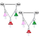 14G 9/16 Pink Green Red Mushroom Chain Dangle Nipple Ring Set