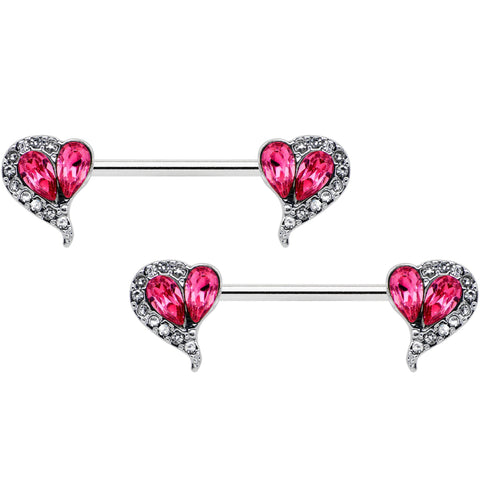 14G 9/16 Clear Pink Gem Curve Heart Valentines Nipple Ring Set