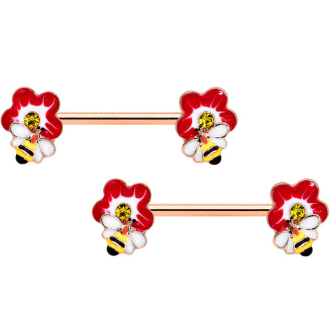 14G 9/16 Yellow Gem Rose Gold Tone Queen Bee Nipple Ring Set