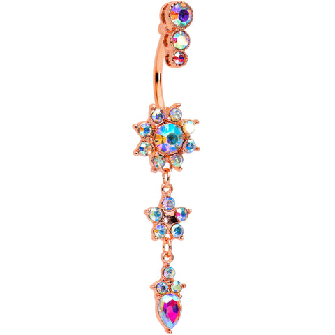 Aurora Gem Rose Gold Tone Triple Drop Star Dangle Belly Ring