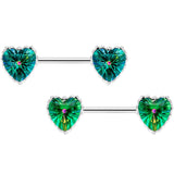 14G 9/16 Green CZ Gem Heart Valentines Day Nipple Ring Set