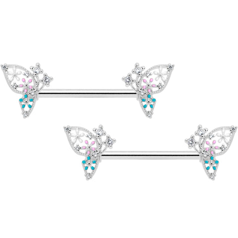14G 9/16 Clear CZ Gem Abstract Butterfly Barbell Nipple Ring Set