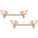 14G 9/16 Clear CZ Gem Rose Gold Hue Butterfly Nipple Ring Set