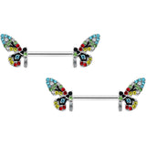 14G 9/16 Red Blue Gem Multi Butterfly Barbell Nipple Ring Set