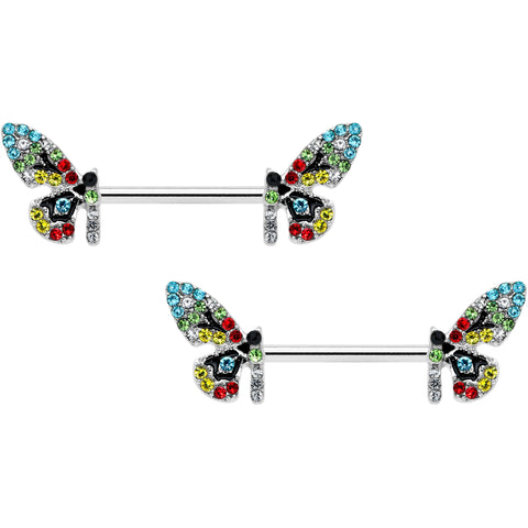 14G 9/16 Red Blue Gem Multi Butterfly Barbell Nipple Ring Set