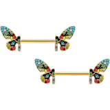 14G 9/16 Red Blue Gem Gold Tone Multi Butterfly Nipple Ring Set