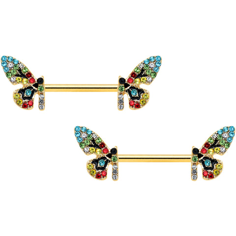 14G 9/16 Red Blue Gem Gold Tone Multi Butterfly Nipple Ring Set