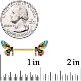 14G 9/16 Red Blue Gem Gold Tone Multi Butterfly Nipple Ring Set