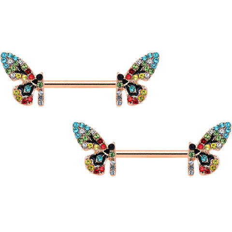 14G 9/16 Red Blue Gem Rose Gold Tone Butterfly Nipple Ring Set