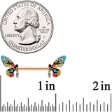 14G 9/16 Red Blue Gem Rose Gold Tone Butterfly Nipple Ring Set