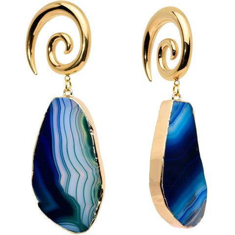 2G Gold Tone Blue Marble Onyx Stone Spiral Taper Ear Weights