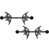 14G 13/16 Pink Green Gem Black Bat Wing Barbell Nipple Ring Set