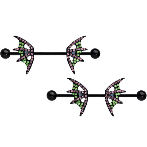 14G 13/16 Pink Green Gem Black Bat Wing Barbell Nipple Ring Set