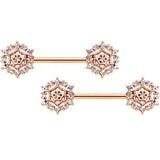 14G 9/16 Clear CZ Gem Rose Gold Hue Geometric Web Nipple Ring Set