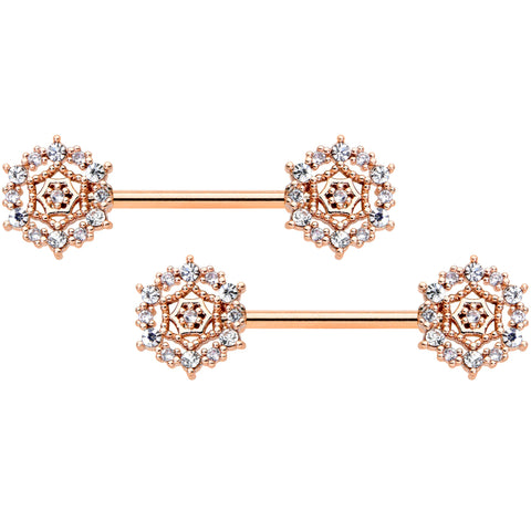 14G 9/16 Clear CZ Gem Rose Gold Hue Geometric Web Nipple Ring Set