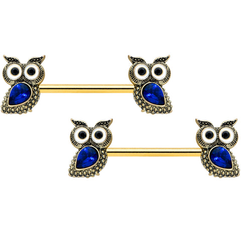 14G 9/16 Blue Gem Gold Tone Wide Eye Owl Barbell Nipple Ring Set