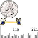 14G 9/16 Blue Gem Gold Tone Wide Eye Owl Barbell Nipple Ring Set