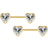 14G 9/16 Clear CZ Gold Tone Heart Love Valentine Nipple Ring Set