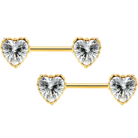 14G 9/16 Clear CZ Gold Tone Heart Love Valentine Nipple Ring Set