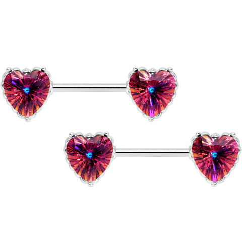 14G 9/16 Red CZ Gem Heart Love Valentine Barbell Nipple Ring Set