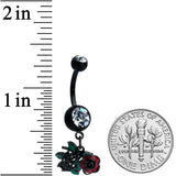 Clear Gem Black Skeleton Flower Halloween Dangle Belly Ring