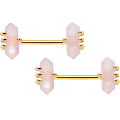 14G 9/16 Pink Rose Quartz Gold Tone Claw Barbell Nipple Ring Set