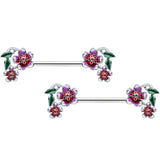 14G 9/16 Purple Red Flower in Flower Barbell Nipple Ring Set