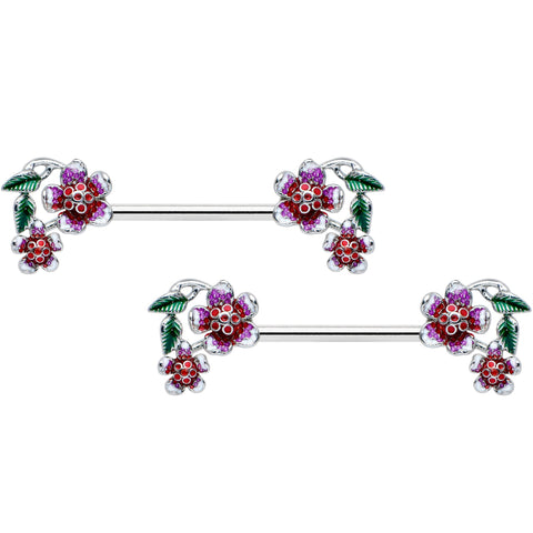 14G 9/16 Purple Red Flower in Flower Barbell Nipple Ring Set