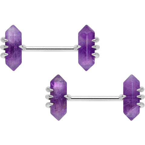 14G 9/16 Purple Amethyst Stone Obelisks Barbell Nipple Ring Set