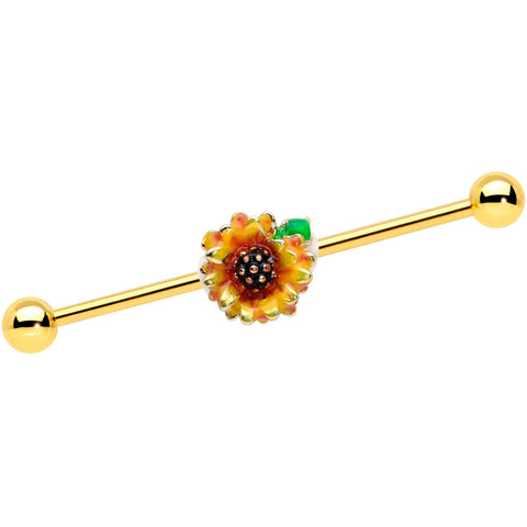 14G Gold Tone Summer Sunflower Industrial Barbell 38mm