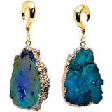 2G Gold Tone Blue Druzy Stone Curved Taper Ear Weights