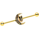 14G Aurora Black Gem Gold Tone Owl Moon Industrial Barbell 38mm