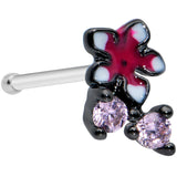 20G 1/4 Pink Gem Fanciful Black Flower Nose Bone