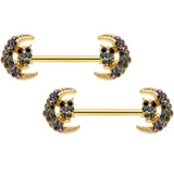 14G 5/8 Aurora Gem Gold Tone Owl Moon Barbell Nipple Ring Set
