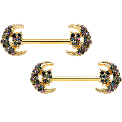 14G 5/8 Aurora Gem Gold Tone Owl Moon Barbell Nipple Ring Set