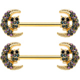14G 5/8 Aurora Gem Gold Tone Owl Moon Barbell Nipple Ring Set