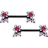 14G 9/16 Pink Gem Black Fanciful Flower Barbell Nipple Ring Set