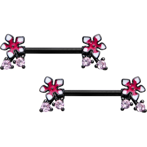 14G 9/16 Pink Gem Black Fanciful Flower Barbell Nipple Ring Set