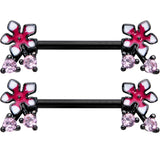 14G 9/16 Pink Gem Black Fanciful Flower Barbell Nipple Ring Set